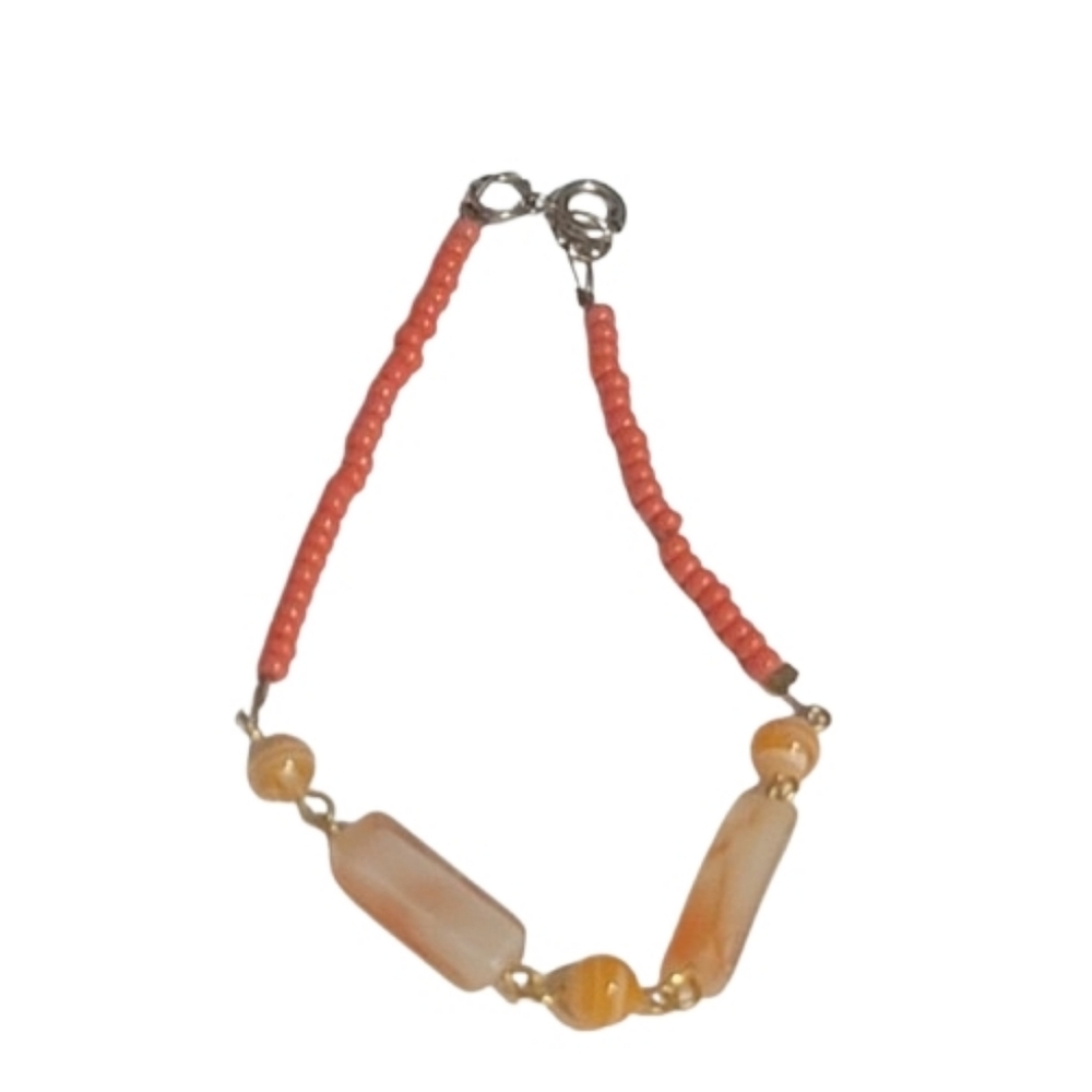 Vintage Natural Yellow Orange Agate Quartz Crystal Seed Glass Bead Bracelet